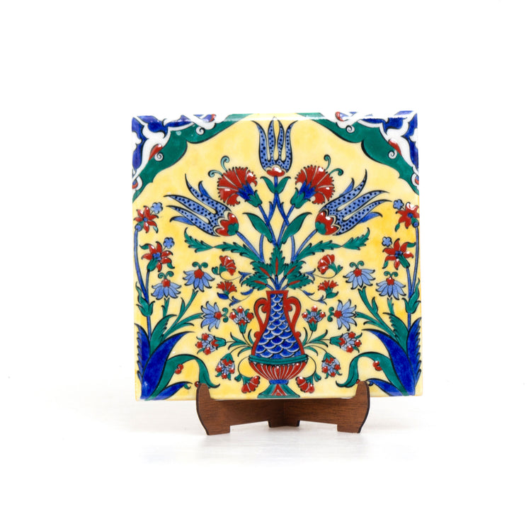Three Tulip Patterned Iznik Tile - Yellow Background