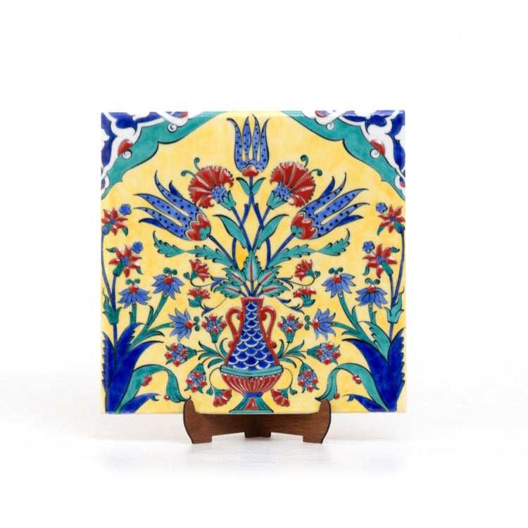 Three Tulip Patterned Iznik Tile - Yellow Background