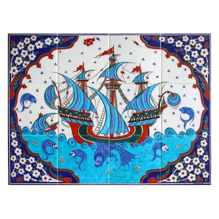 Branch and Fish Patterned Iznik Tile Panel