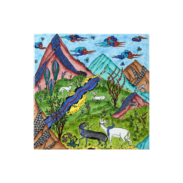 Doğa Minyatürü Desenli Tek Parça İznik Çini Karo (40x40cm)