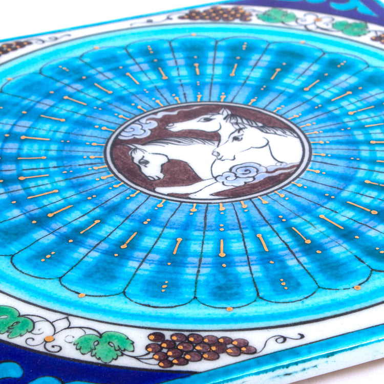 Wild Horses and Grape Patterned Iznik Tile