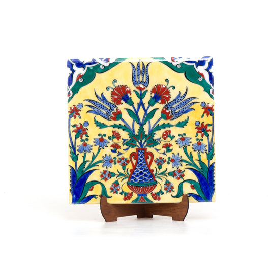 Three Tulip Patterned Iznik Tile - Yellow Background