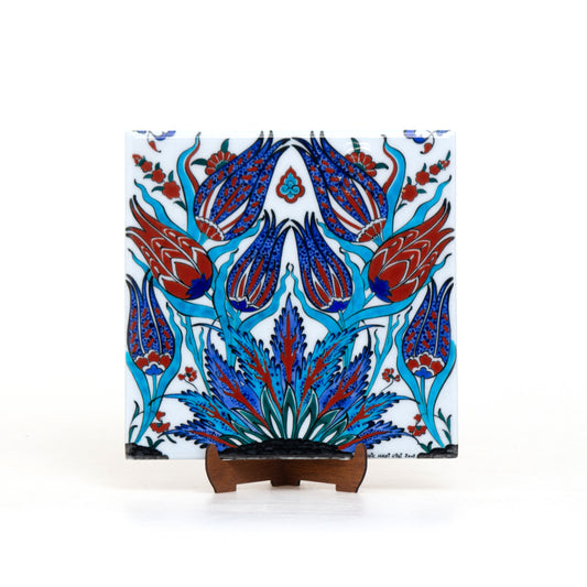 Red and Blue Tulip Patterned Iznik Tile