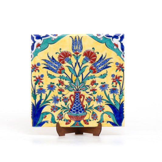 Three Tulip Patterned Iznik Tile - Yellow Background