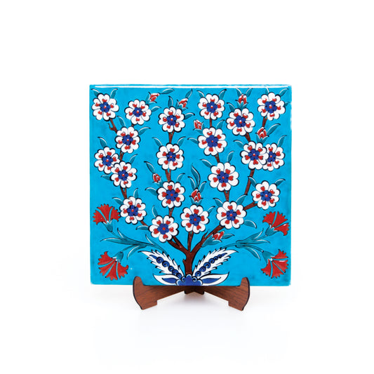 Turquoise and White Flowered Spring Branch Patterned Iznik Tile