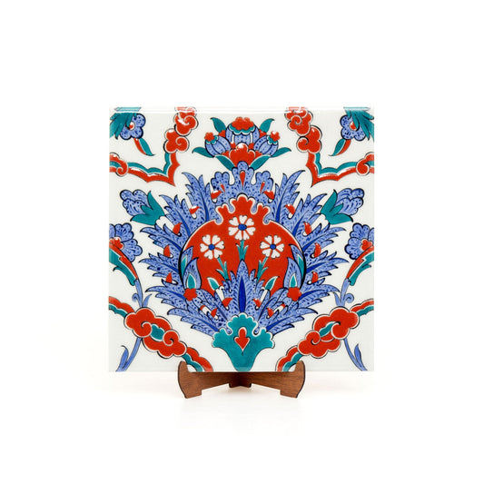 Red and Blue Hatayi Flower Patterned Iznik Tile