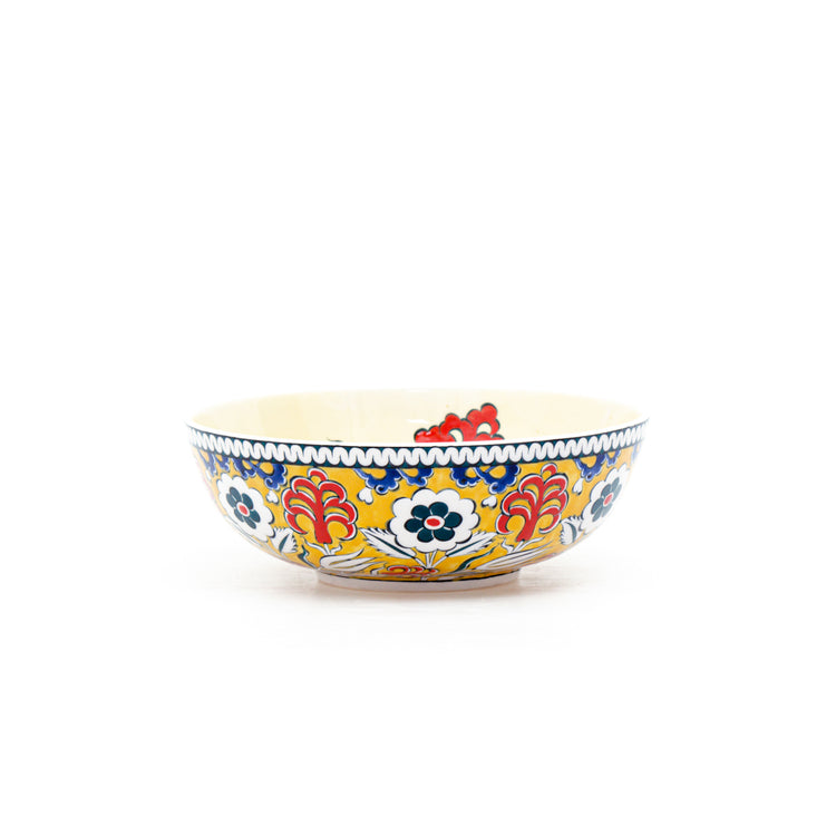 Red Lily and Blue Tulip Iznik Tile Bowl - Yellow Background