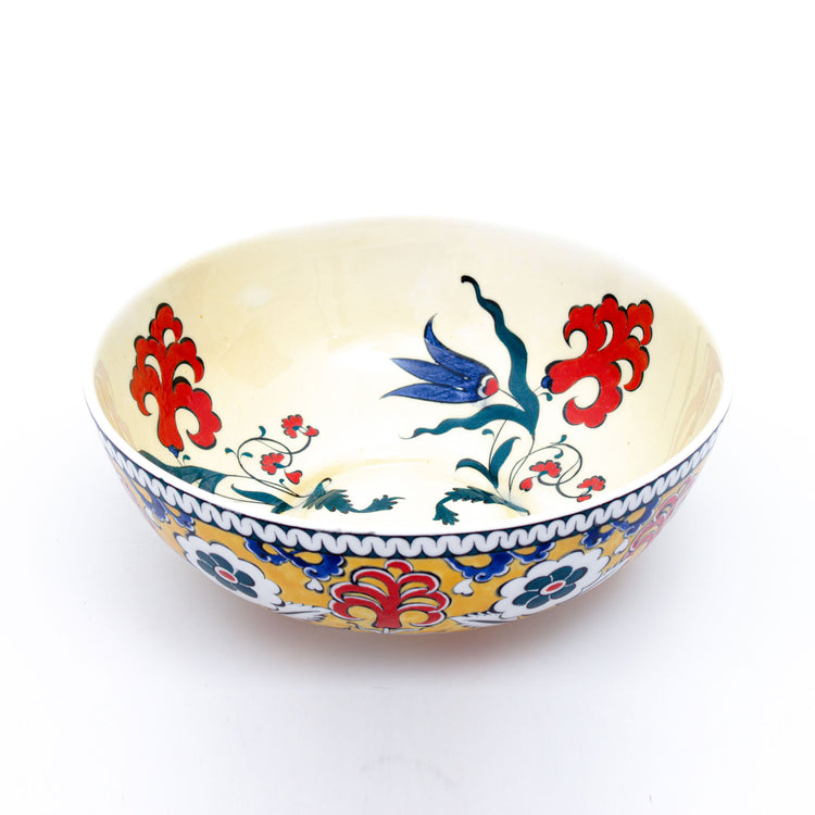 Red Lily and Blue Tulip Iznik Tile Bowl - Yellow Background