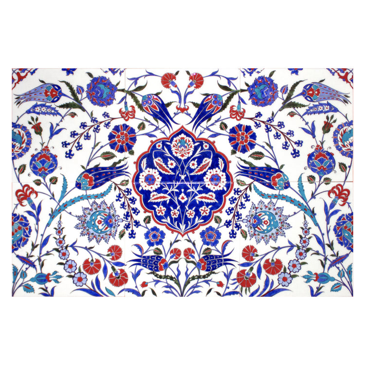Naturalist Patterned Iznik Tile Panel with Sun Motif