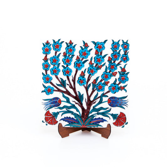 Turquoise and White Flowered Spring Branch Patterned Iznik Tile